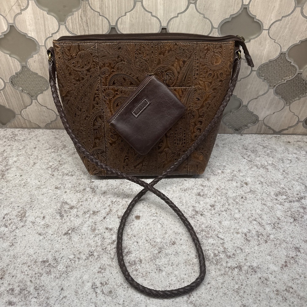 Relic Paisley Embossed Shoulder Bag Purse Braided Strap Dark Brown